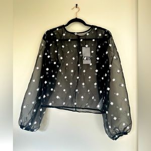 NWT Zara Organza Womens Size M Black Long Sleeve Floral Embroidered Flowers